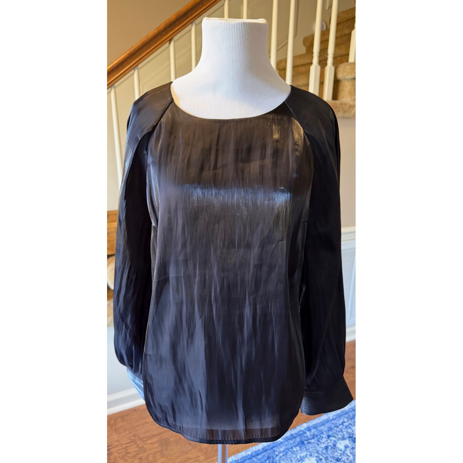 Nine West Blouson Drama Blouse Dull Black Metallic Satin Long Sleeve Top Medium